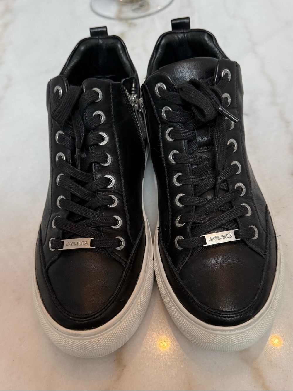 J/SLIDES Easy Zip Black Leather Spiked Sneakers - Size 7